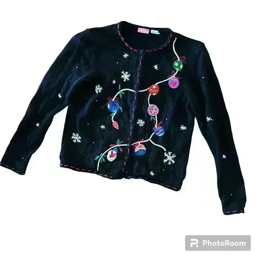 Vintage PAPPAGALLO CHRISTMAS SWEATER Embroidered Ornaments Bright Size Small
